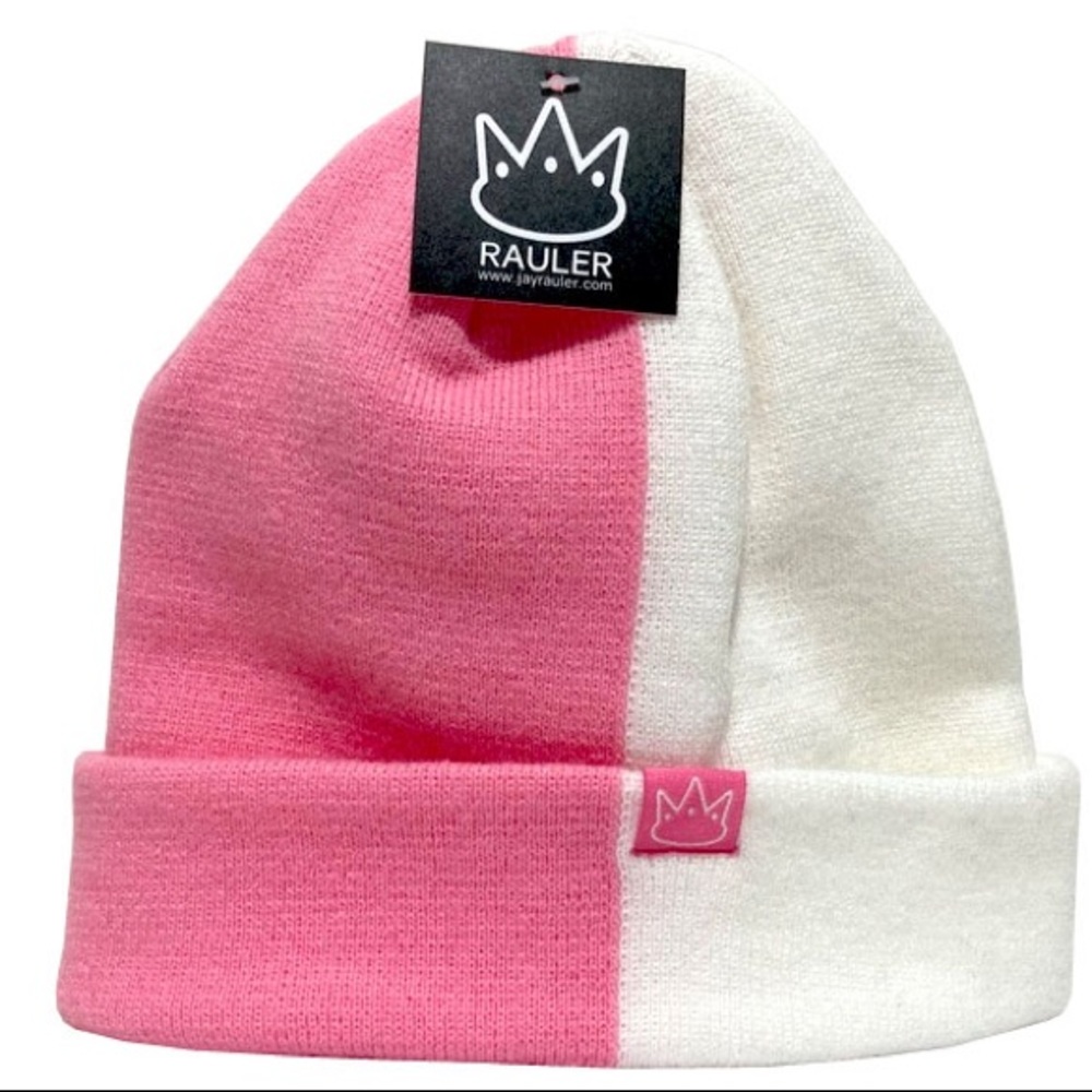 Jay Rauler Split Half White Baby Pink 2 Two Tone Beanie Knit Cap Hat SEE⭐️